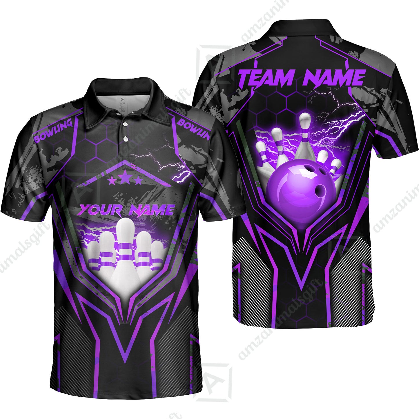 Customized Bowling Jersey, Bowling And Pins Abstract Grunge Texture X Multicolor Option Customized Name And Team Name Zipper Polo Jerseys Shirts