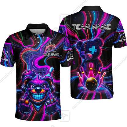 Customized Bowling Unisex Polo Shirt, Crazy Neon Bear Bowling Strike, Bowling Uniform - Personalized Name And Team Name