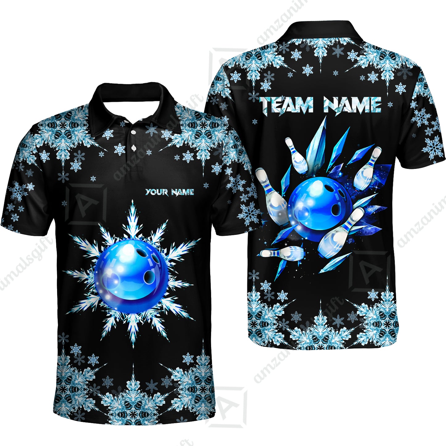 Snowflake Ice Custom Bowling Team Jerseys Polo Shirts, Christmas Ice Bowling uniforms - Bowling Polo Personalized Name And Team Name