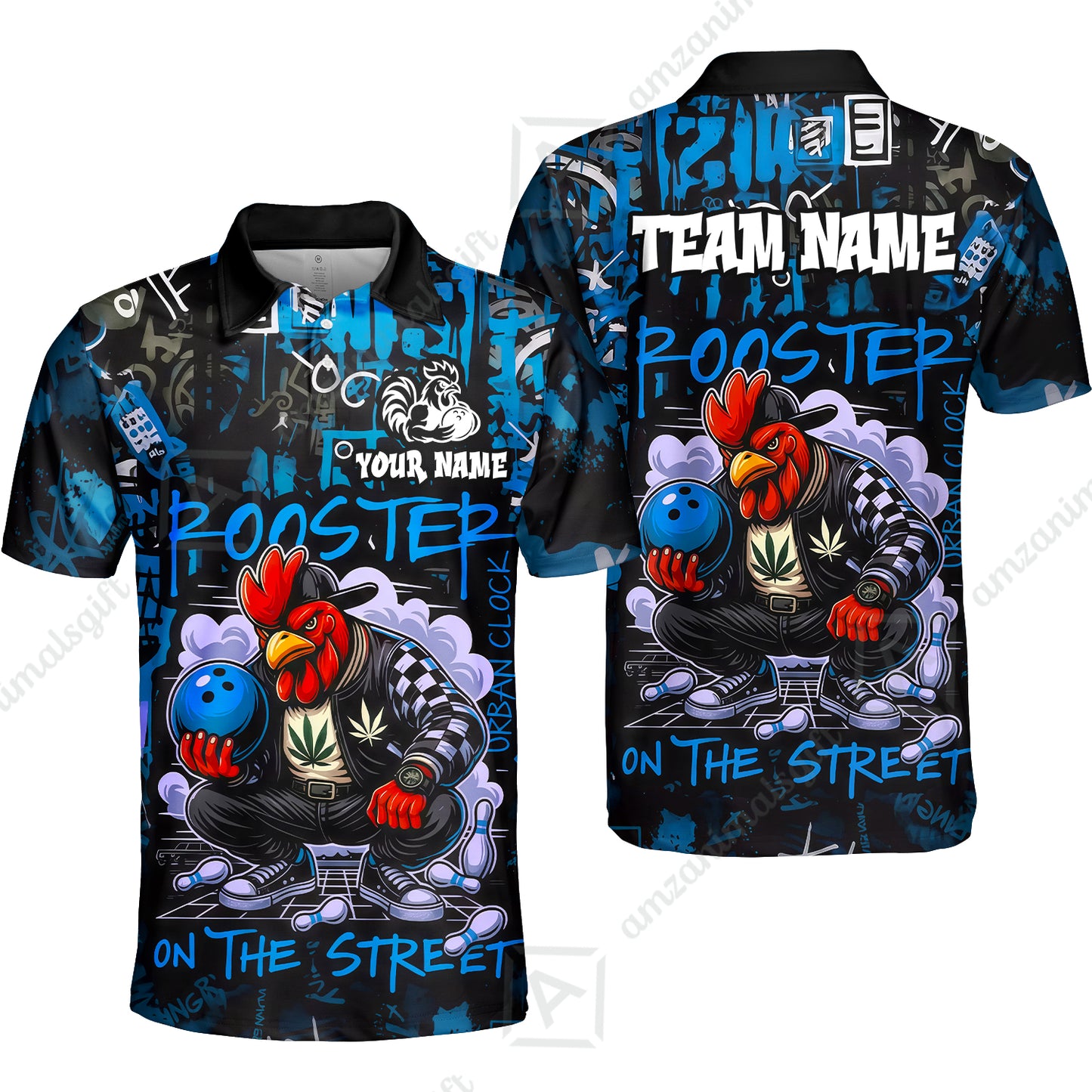 Customized Bowling Unisex Polo Shirt, Urban Streetwear Chicken Bowling Rooster On The Street, Personalized Name Team Name