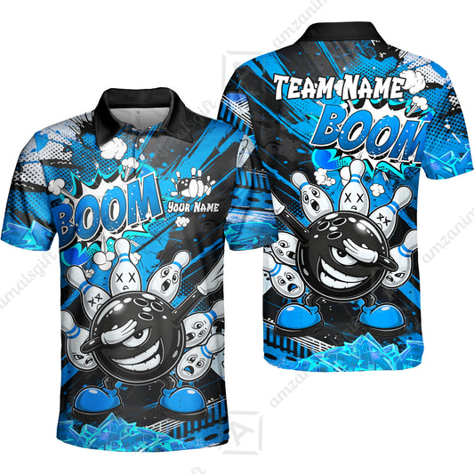 Customized Bowling Unisex Polo Shirt, Boom Bowling Angry Ball Screaming Pins, Personalized Name And Team Name For Bowlers
