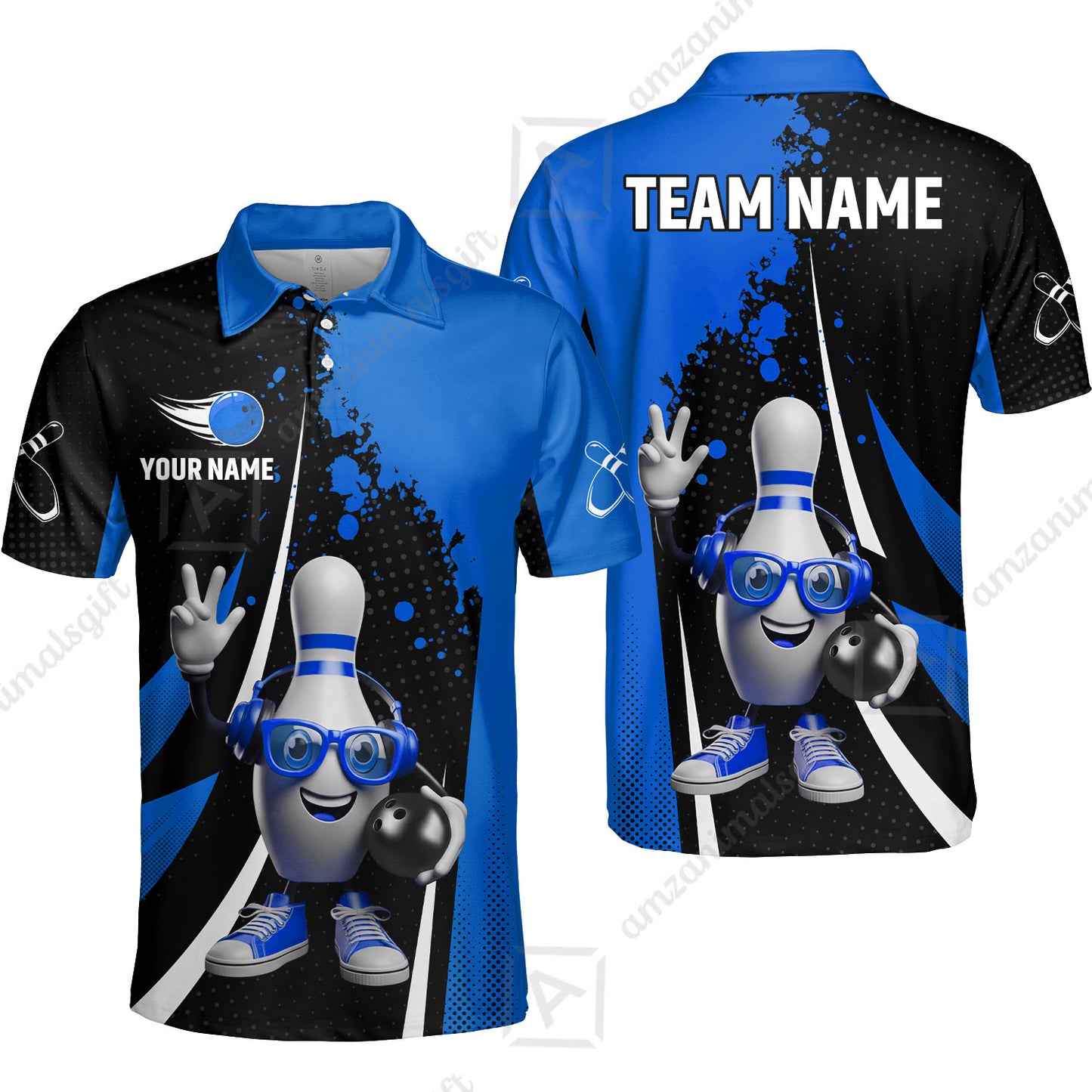 Customized Bowling Unisex Polo Shirt, Halftone Bowling Pin Wearing Headphones Sunglasses, Personalized Name And Team Name
