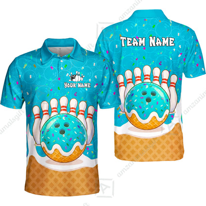 Custom Bowling Jersey Polo Shirt, Bowling Sprinkles Ice Cream Cone, Personalized Name & Team Name