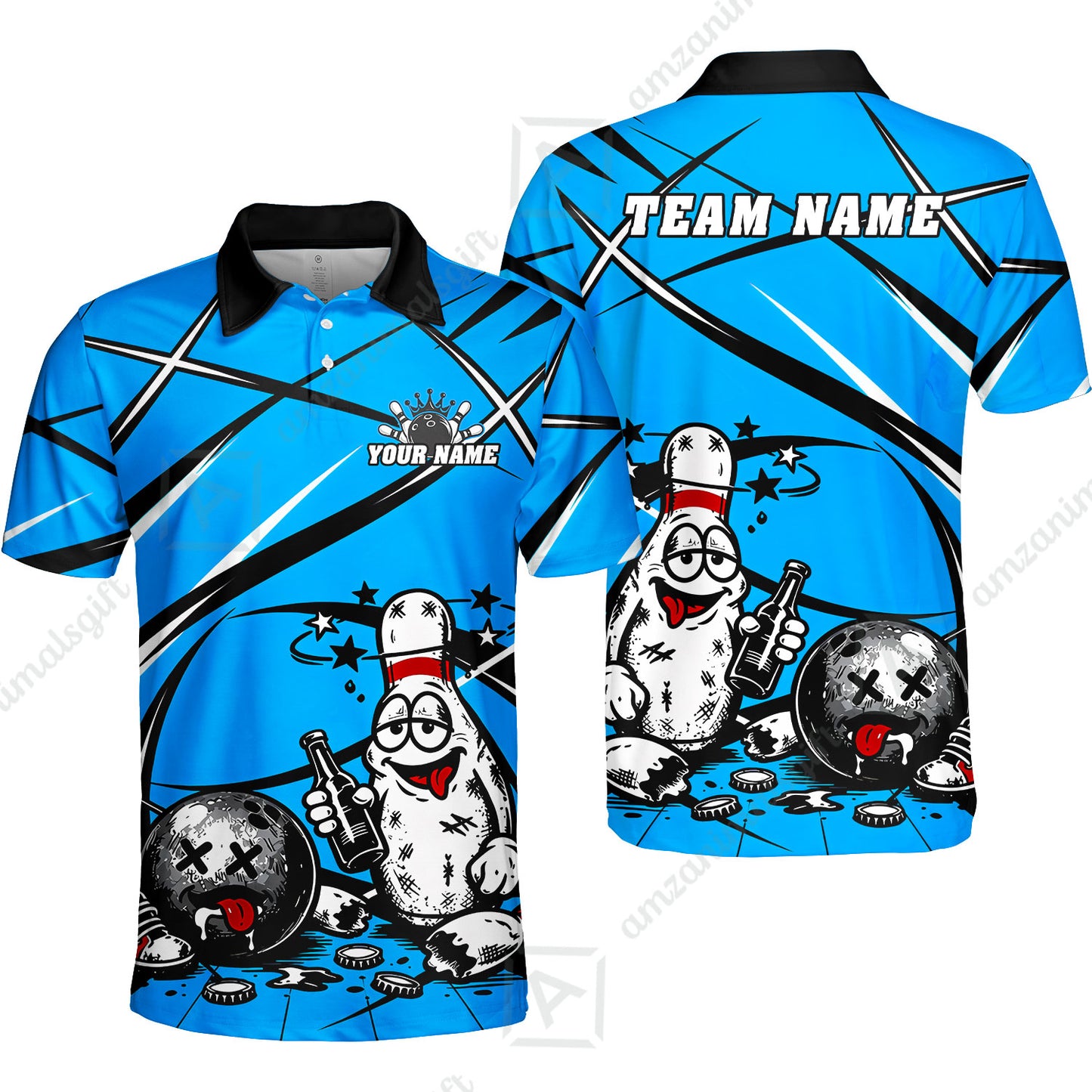 Custom Bowling Jersey Polo Shirt, Drunk Bowling Pin And Ball, Custom Bowling Jersey Team Shirt For Players With Name & Team Name