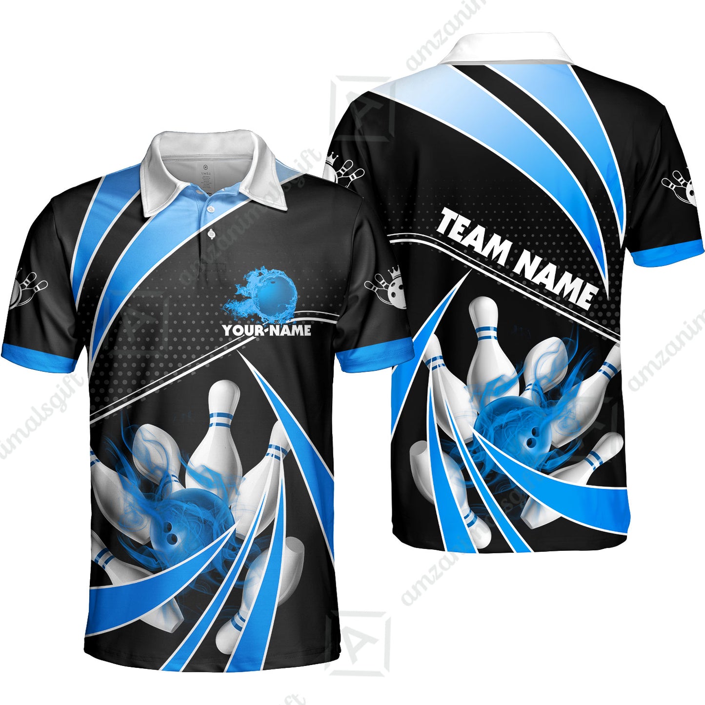 Customized Bowling Team Polo Shirt, Bowling Ball & Pins Fire Light Sport Unisex Polo Shirt Multicolor Option For Bowlers