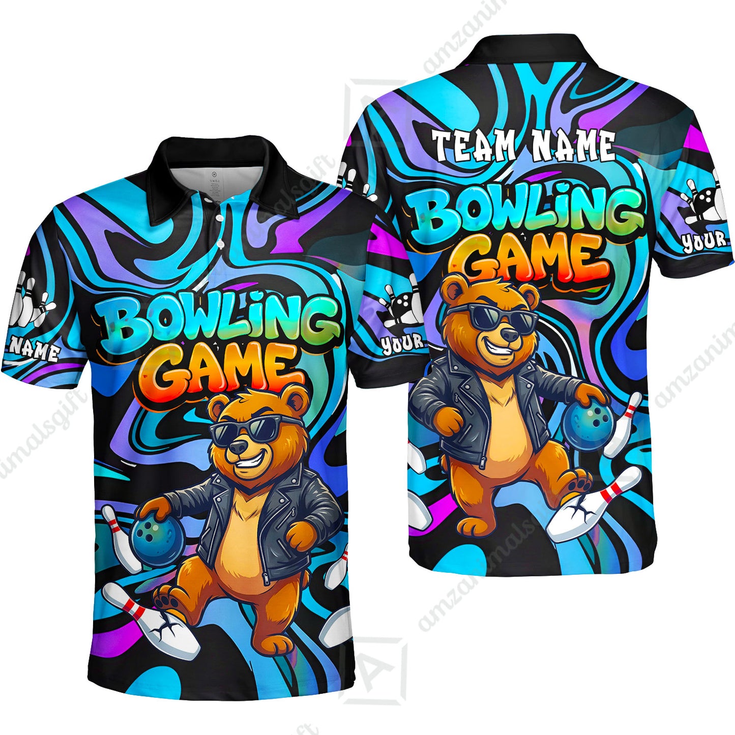 Custom Bowling Jersey Polo Shirt, Trippy Swirl Rocker Bear Graffiti Style, Custom Bowling Jersey Team Shirt For Players With Name & Team Name