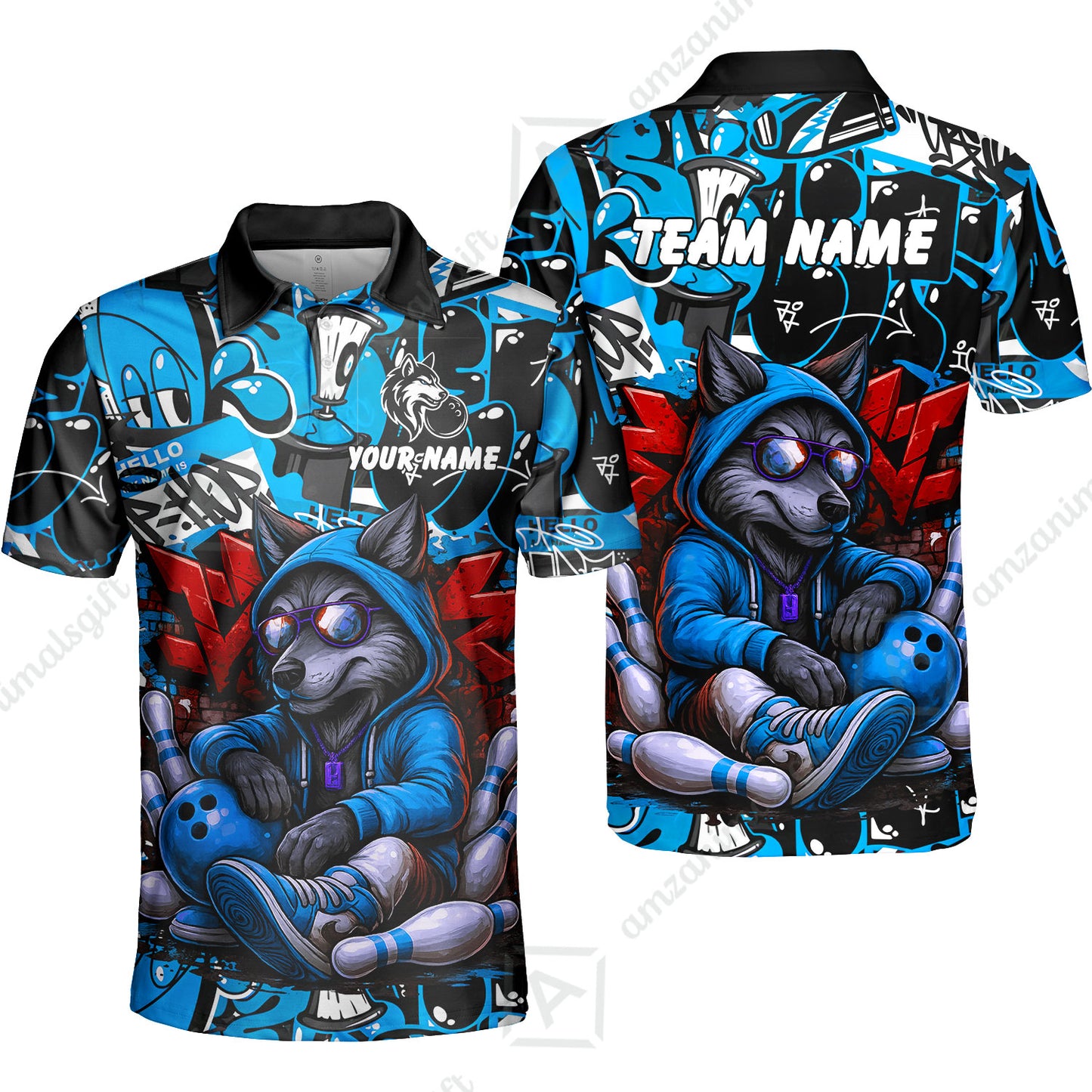 Custom Bowling Jersey Polo Shirt, Badass Wolf Mascot Bowling, Custom Bowling Jersey Team Shirt For Players With Name & Team Name