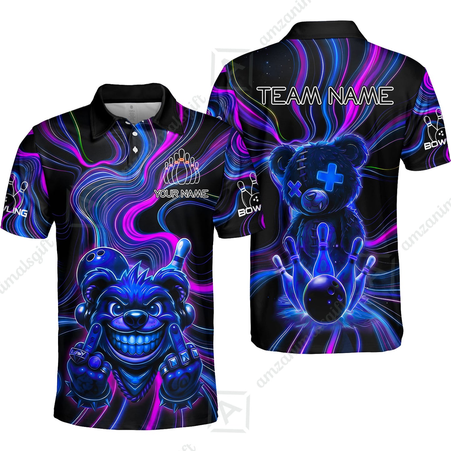 Customized Bowling Unisex Polo Shirt, Crazy Neon Bear Bowling Strike, Bowling Uniform - Personalized Name And Team Name