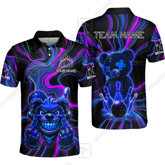Customized Bowling Unisex Polo Shirt, Crazy Neon Bear Bowling Strike, Bowling Uniform - Personalized Name And Team Name