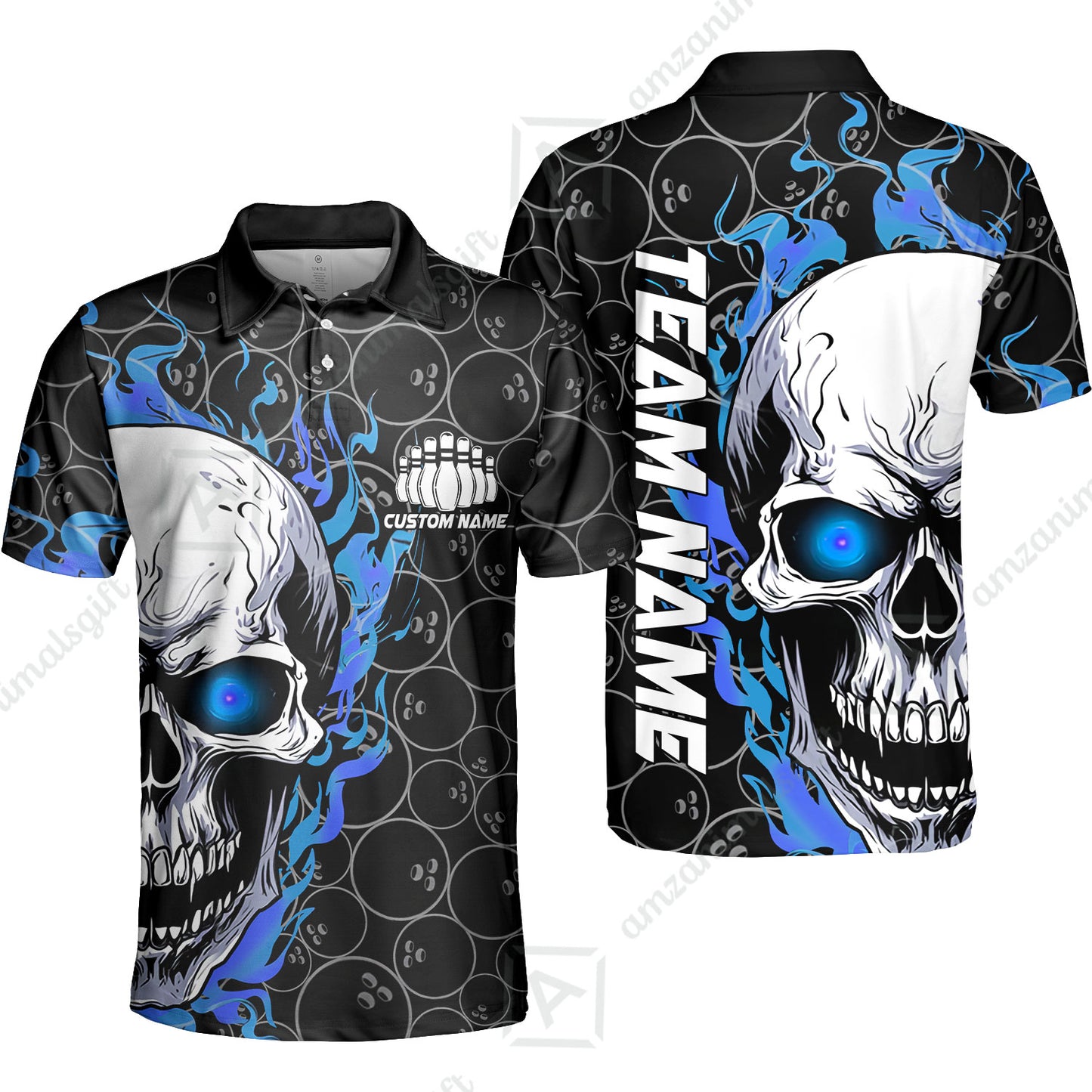 Personalized Bowling Unisex Polo Shirt, Green Flaming Skull Shirt For For Team Men Women Bowlers