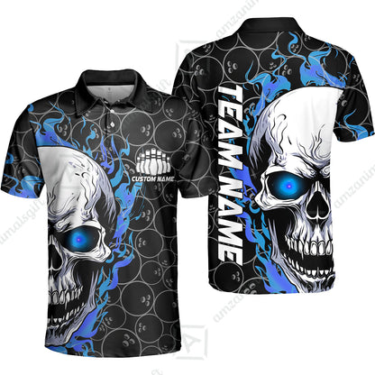 Personalized Bowling Unisex Polo Shirt, Green Flaming Skull Shirt For For Team Men Women Bowlers