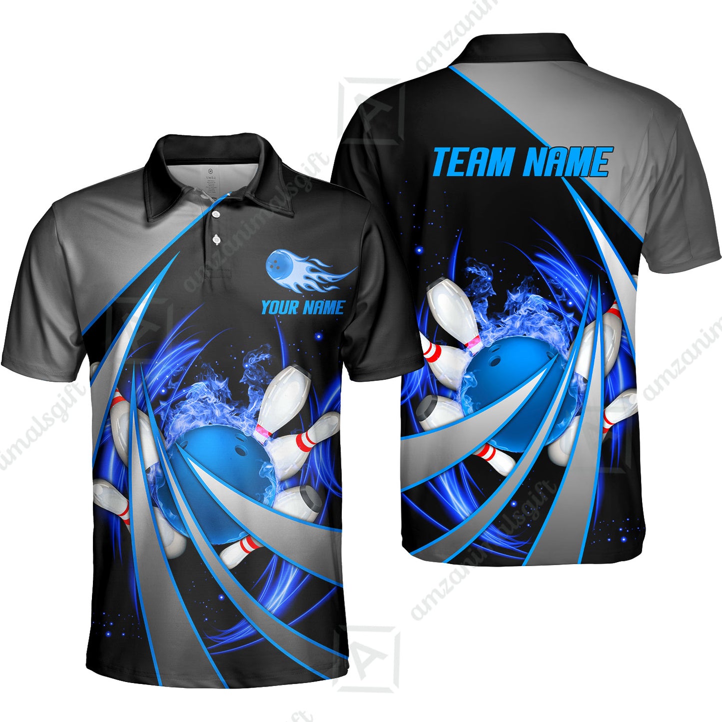 Customized Bowling Unisex Polo, Flame Bowling And Pins Tornado Pattern Multicolor Option Customized Name Zipper Polo Jerseys Shirts