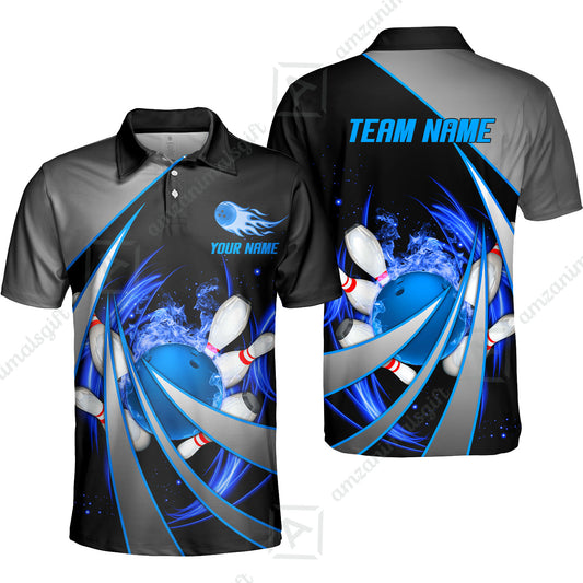 Customized Bowling Unisex Polo, Flame Bowling And Pins Tornado Pattern Multicolor Option Customized Name Zipper Polo Jerseys Shirts