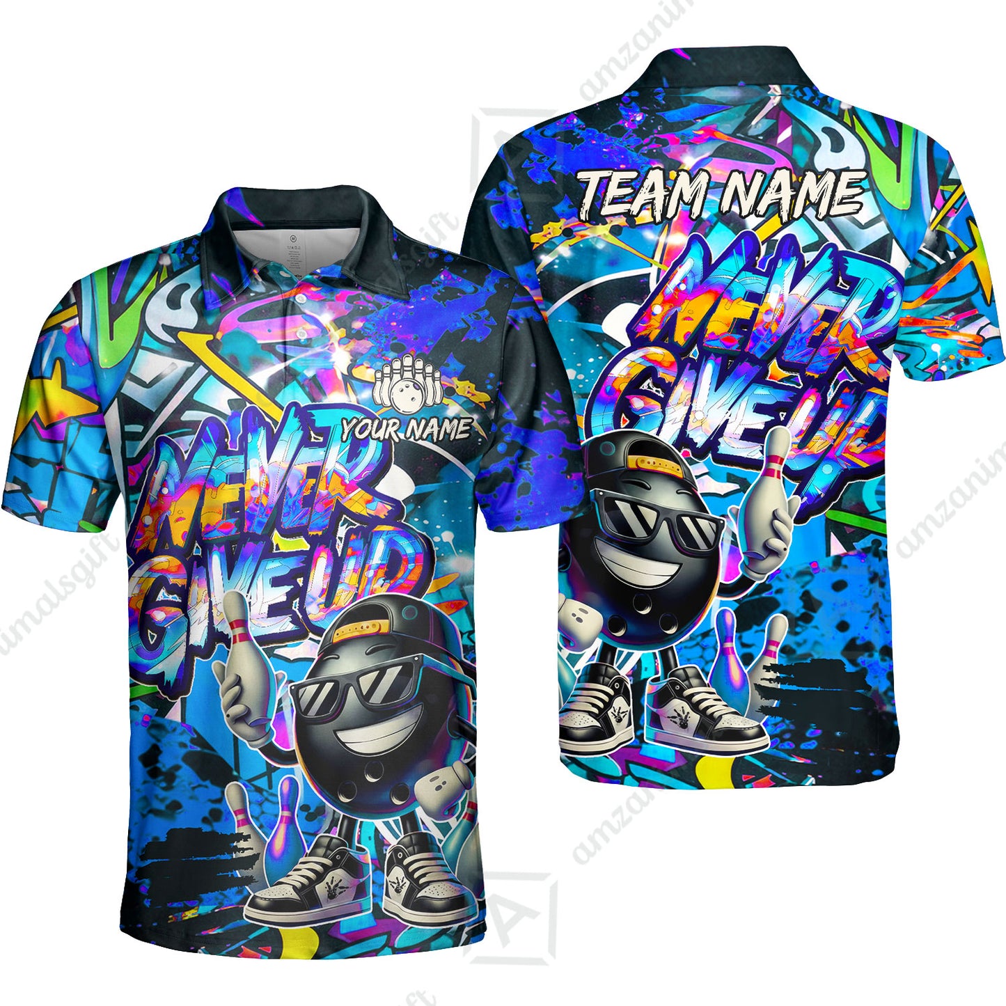 Customized Bowling Unisex Polo Shirt, Graffiti Bowling Funny Never Give Up Bowling Uniform, Personalized Name And Team Name