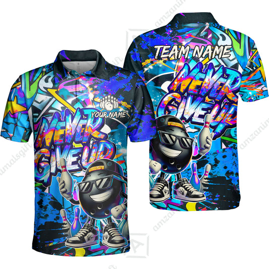 Customized Bowling Unisex Polo Shirt, Graffiti Bowling Funny Never Give Up Bowling Uniform, Personalized Name And Team Name