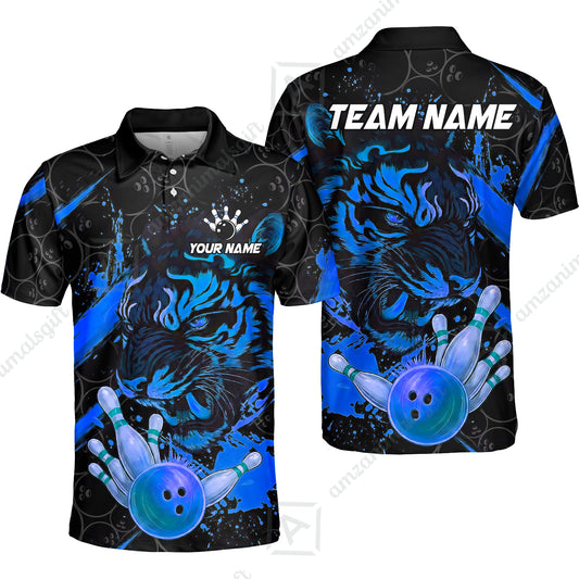 Customized Bowling Unisex Polo Shirt, Tiger Ball Striking Pins, Bowling Uniforms, Personalized Name And Team Name