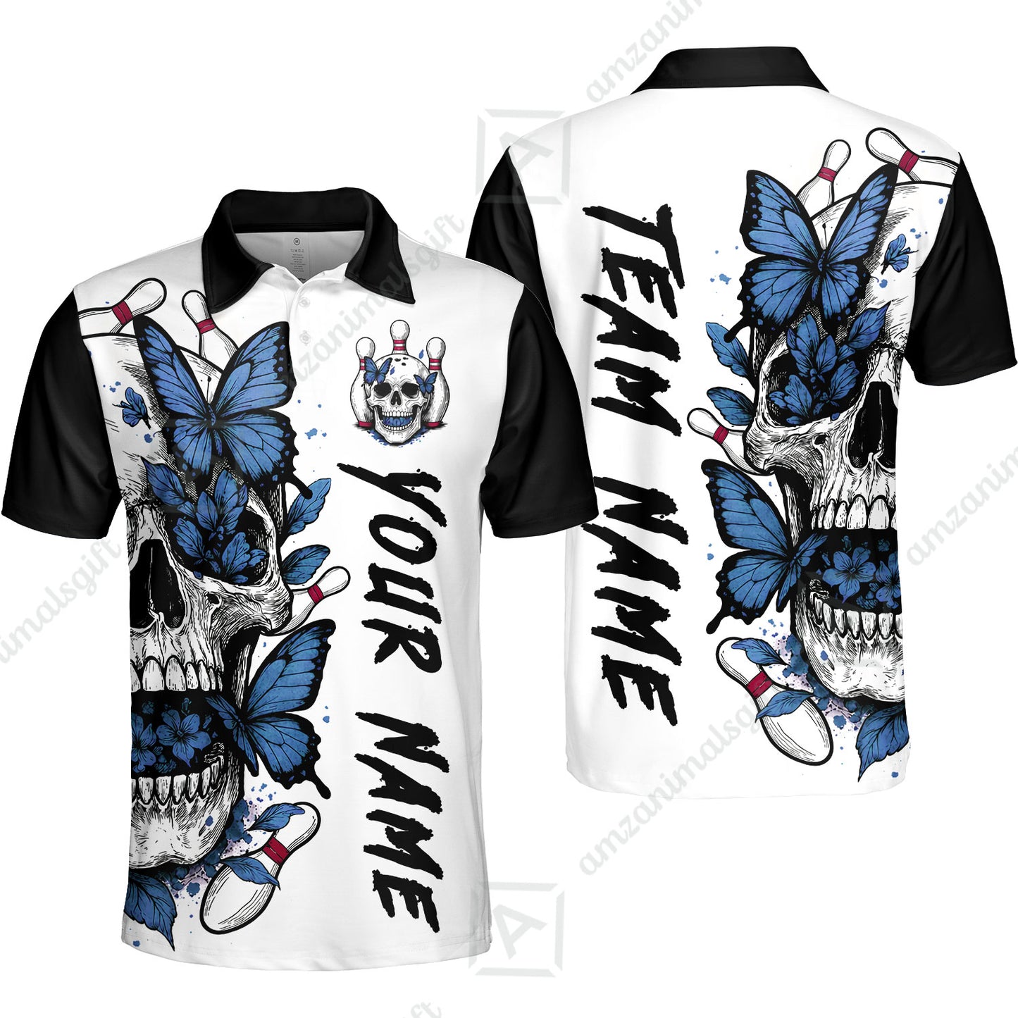Custom Bowling Jersey Polo Shirt, Skull With Butterfly, Custom Bowling Jersey Team Shirt For Players With Name and Team Name