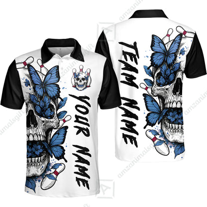 Custom Bowling Jersey Polo Shirt, Skull With Butterfly, Custom Bowling Jersey Team Shirt For Players With Name and Team Name