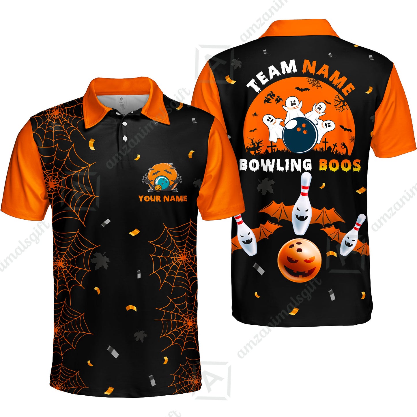 Customized Bowling Ball Halloween Moon Bowling Polo Shirts, Bowling uniforms Bowling And Boos Funny Halloween Ghost Quarter-Zip Polo Shirts