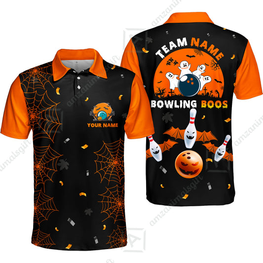 Customized Bowling Ball Halloween Moon Bowling Polo Shirts, Bowling uniforms Bowling And Boos Funny Halloween Ghost Quarter-Zip Polo Shirts