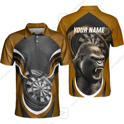 Gorilla And Darts Custom Name Men Polo Shirt, Bullseye Dartboard Brown Personalized Men Polo Shirt Gift For Darts Lovers, Team, Friends