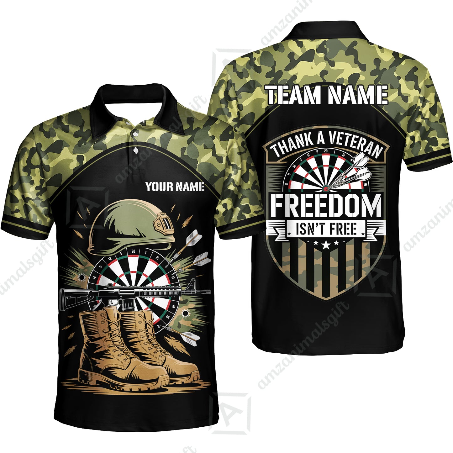 Custom Military Green Camouflage Dartboard Collar Quater-Zip Jersey Team Shirts, Customized Name Team Name Darts Team Jerseys Uniform