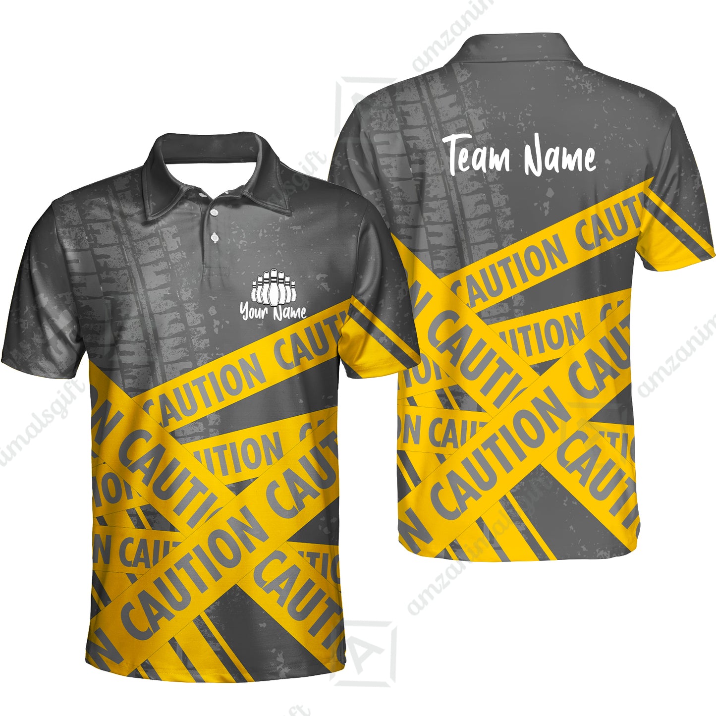 Custom Caution tape Bowling Team Jerseys Polo Shirts, Bright Yellow CAUTION Tape Bowling uniforms - Bowling Personalized Name And Team Name