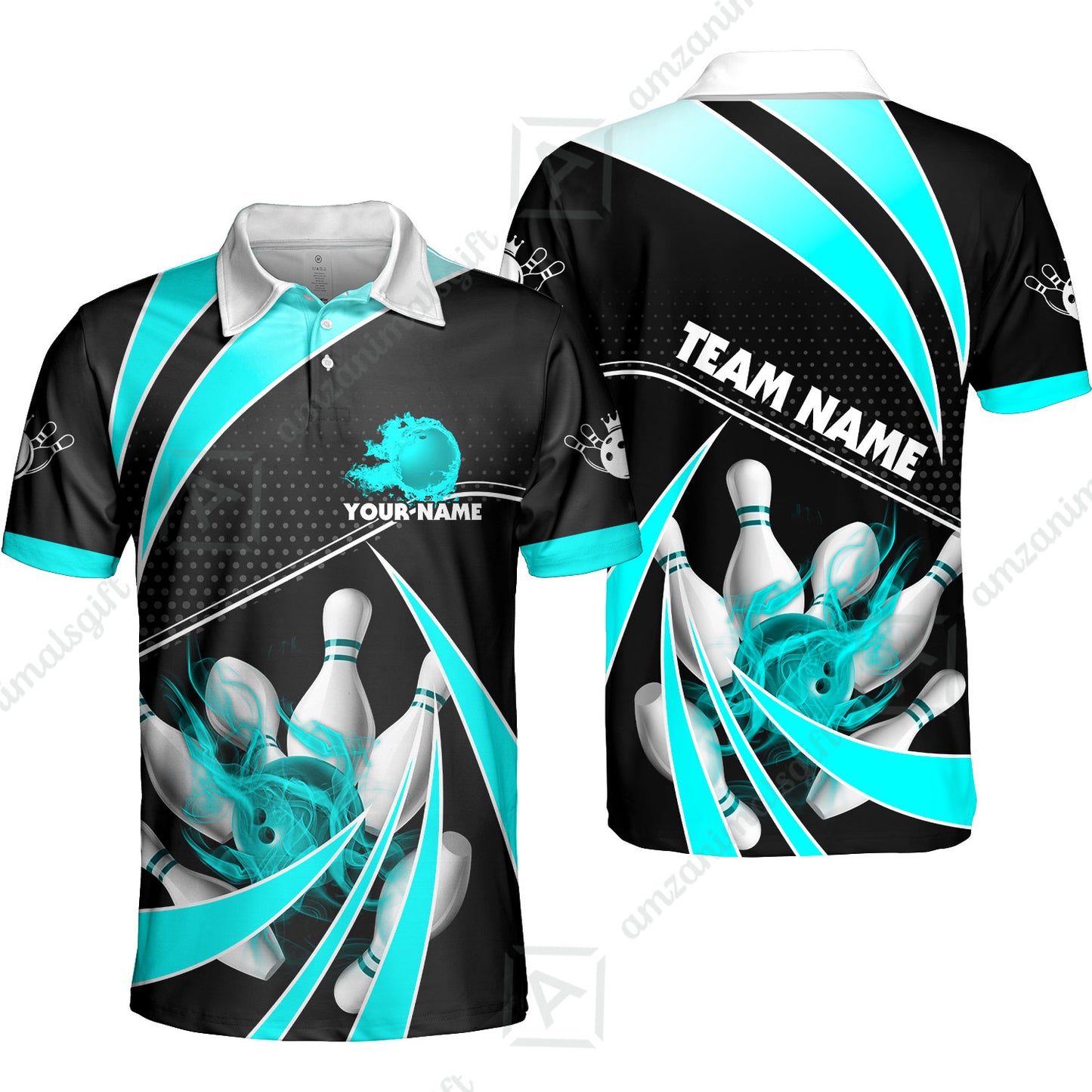 Customized Bowling Team Polo Shirt, Bowling Ball & Pins Fire Light Sport Unisex Polo Shirt Multicolor Option For Bowlers
