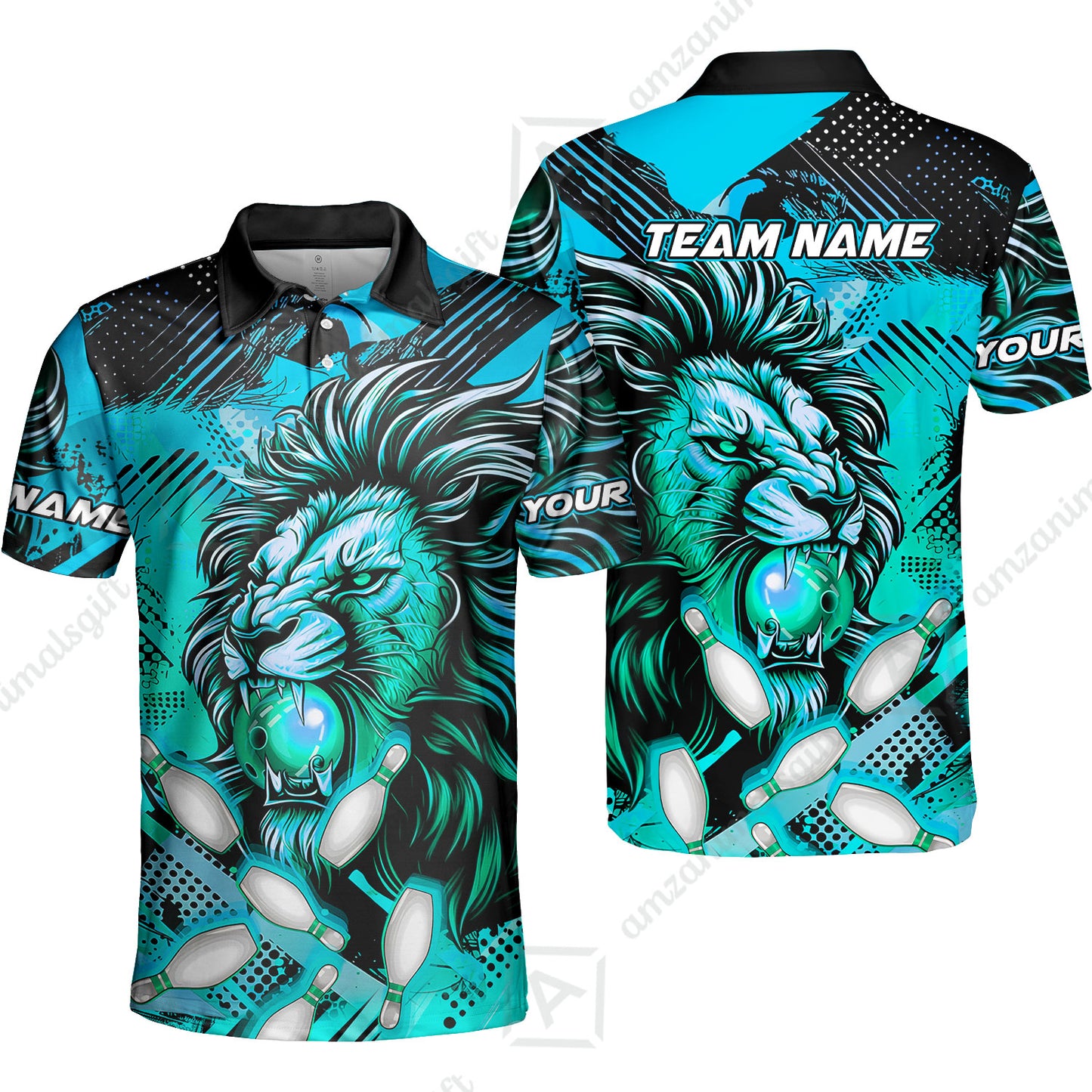 Custom Bowling Team Jerseys Shirts, Bowling uniforms Ball & Pins Lion Pattern Personalized Name And Team Name