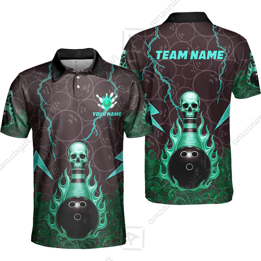 Custom Bowling Team Flat Neck Zip Jersey Shirt, Thunder Skull Strike Personalized Team Shirt with Custom Name for Bowlers
