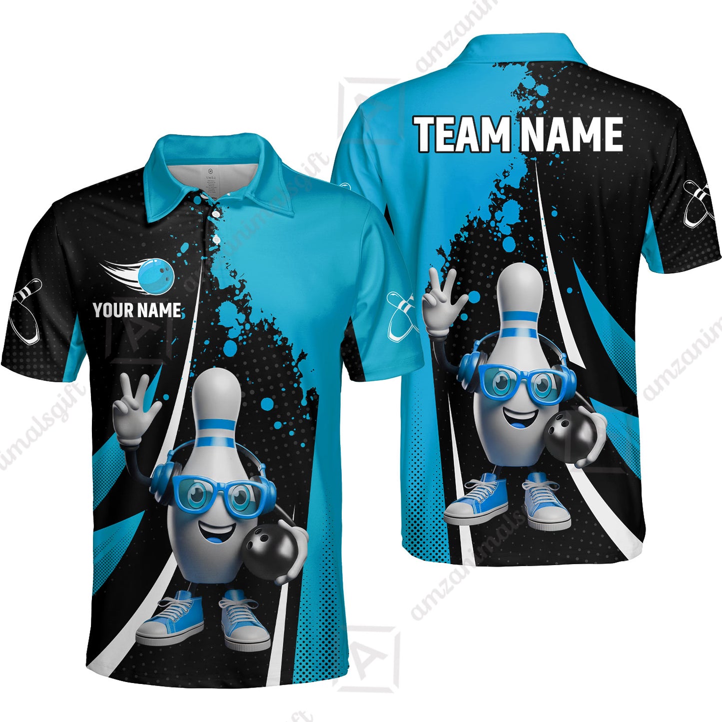 Customized Bowling Unisex Polo Shirt, Halftone Bowling Pin Wearing Headphones Sunglasses, Personalized Name And Team Name