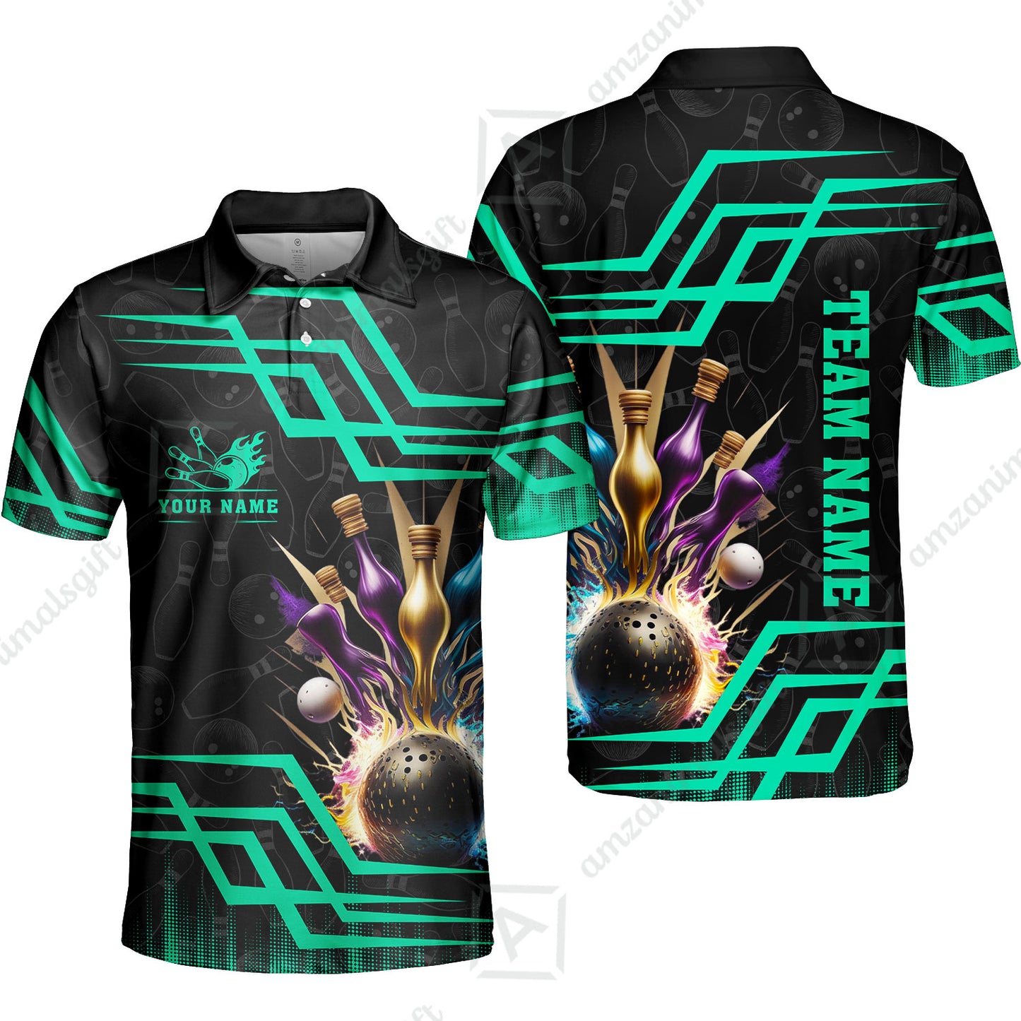 Customized Bowling Unisex Polo, Bowling And Pins Royal Multicolor Option Customized Name And Team Name For Bowling Team