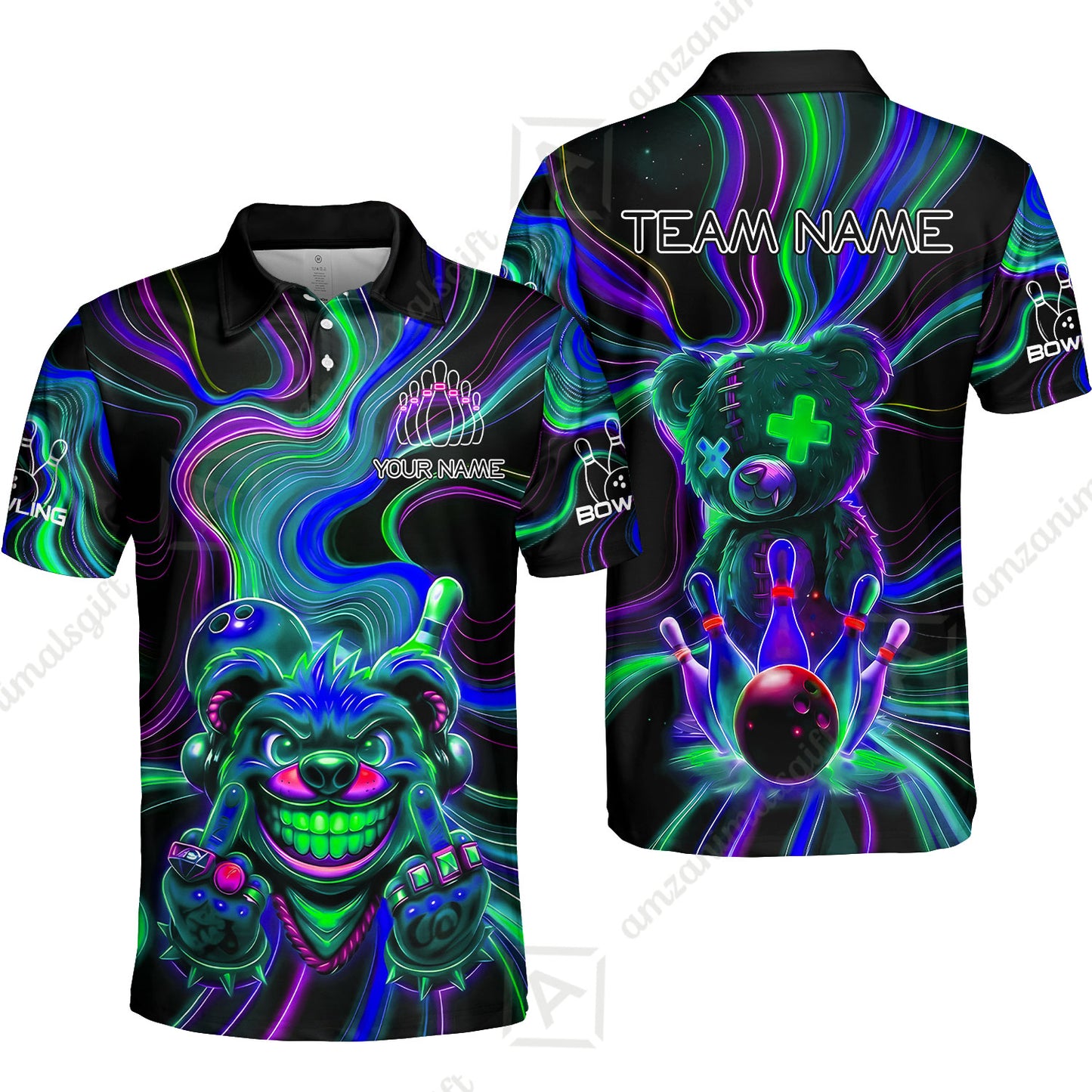 Customized Bowling Unisex Polo Shirt, Crazy Neon Bear Bowling Strike, Bowling Uniform - Personalized Name And Team Name