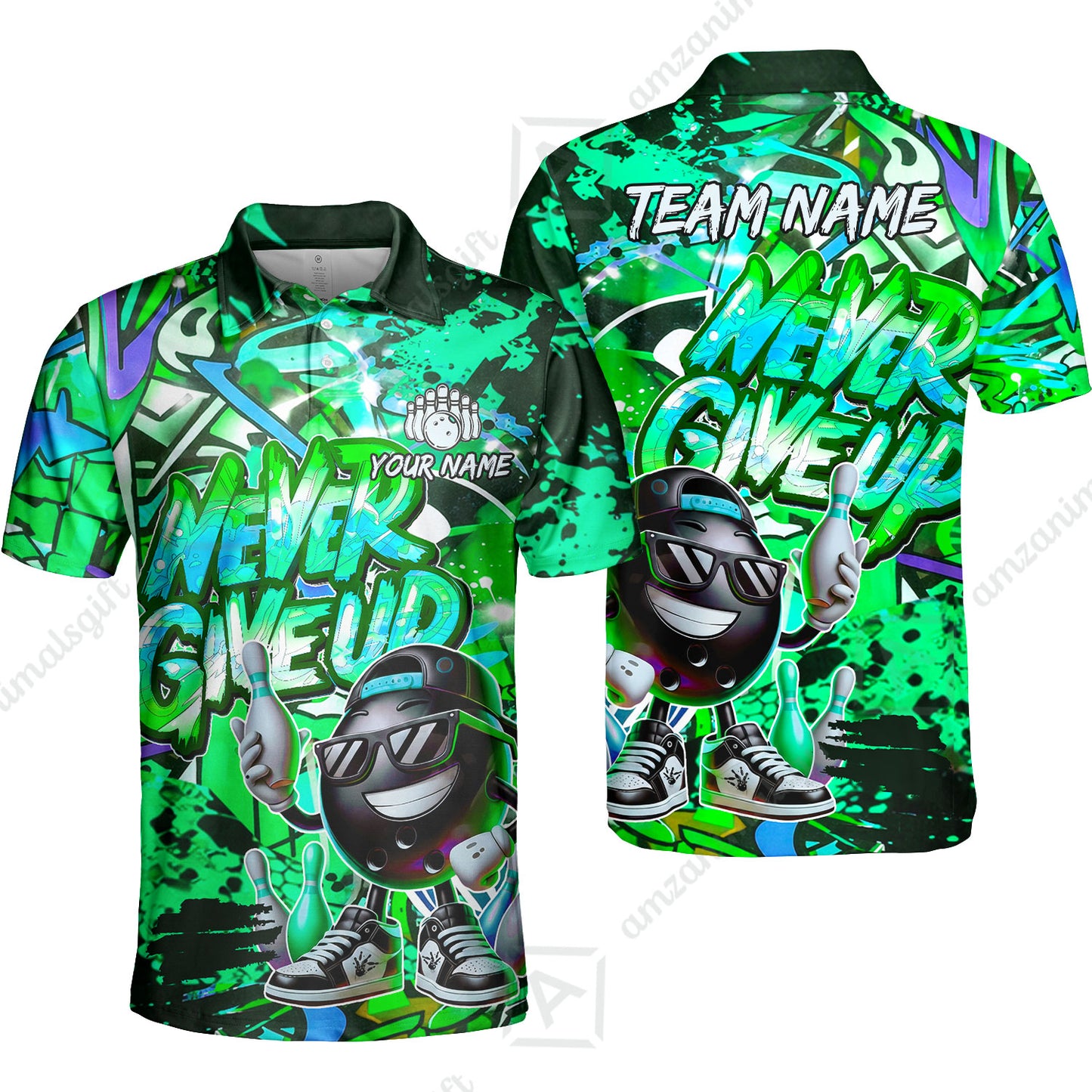 Customized Bowling Unisex Polo Shirt, Graffiti Bowling Funny Never Give Up Bowling Uniform, Personalized Name And Team Name