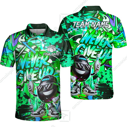 Customized Bowling Unisex Polo Shirt, Graffiti Bowling Funny Never Give Up Bowling Uniform, Personalized Name And Team Name