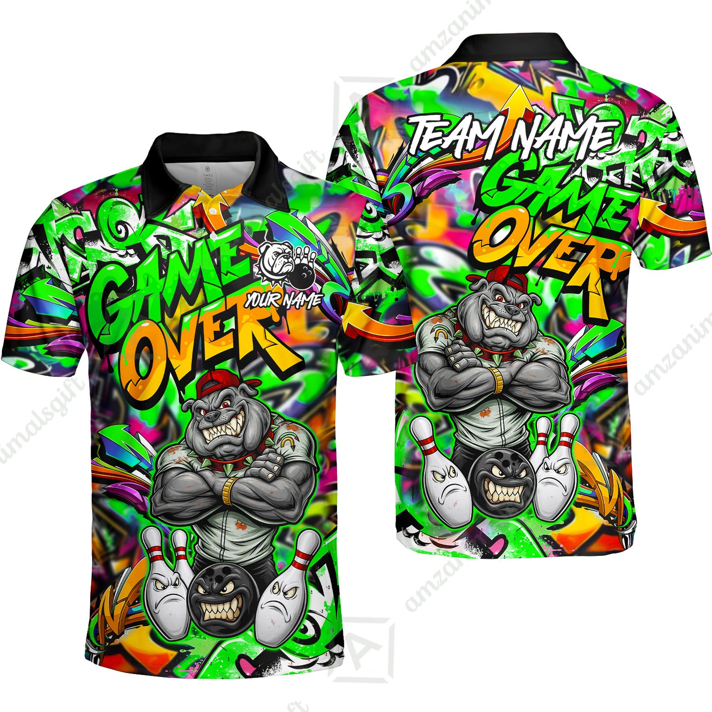 Customized Bowling Unisex Polo Shirt, Cool BullDog With Angry Bowling Game Over - Personalized Name And Team Name