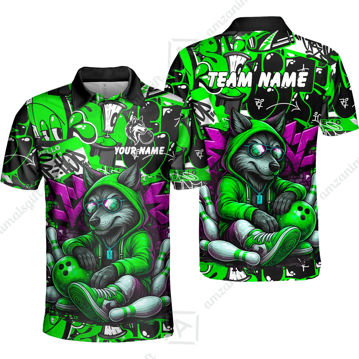 Custom Bowling Jersey Polo Shirt, Badass Wolf Mascot Bowling, Custom Bowling Jersey Team Shirt For Players With Name & Team Name