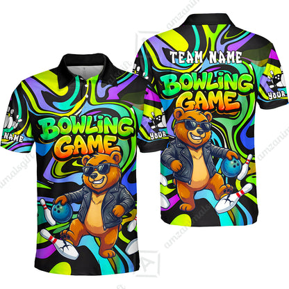 Custom Bowling Jersey Polo Shirt, Trippy Swirl Rocker Bear Graffiti Style, Custom Bowling Jersey Team Shirt For Players With Name & Team Name