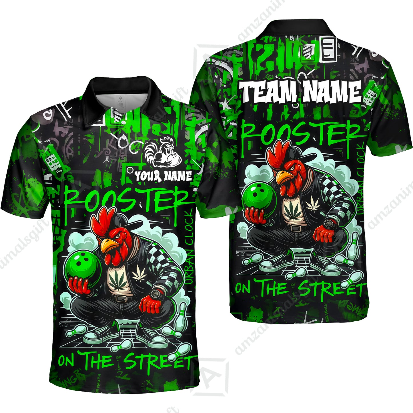 Customized Bowling Unisex Polo Shirt, Urban Streetwear Chicken Bowling Rooster On The Street, Personalized Name Team Name