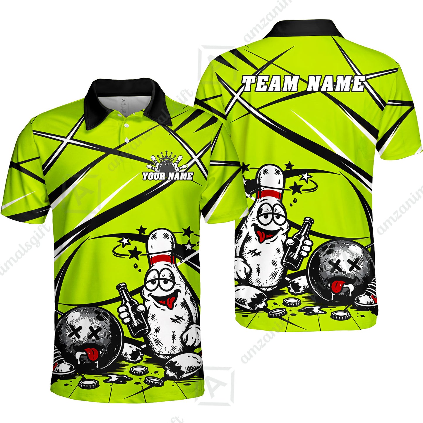Custom Bowling Jersey Polo Shirt, Drunk Bowling Pin And Ball, Custom Bowling Jersey Team Shirt For Players With Name & Team Name