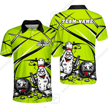 Custom Bowling Jersey Polo Shirt, Drunk Bowling Pin And Ball, Custom Bowling Jersey Team Shirt For Players With Name & Team Name