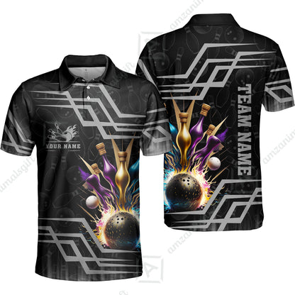 Customized Bowling Unisex Polo, Bowling And Pins Royal Multicolor Option Customized Name And Team Name For Bowling Team