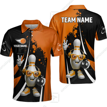 Customized Bowling Unisex Polo Shirt, Halftone Bowling Pin Wearing Headphones Sunglasses, Personalized Name And Team Name