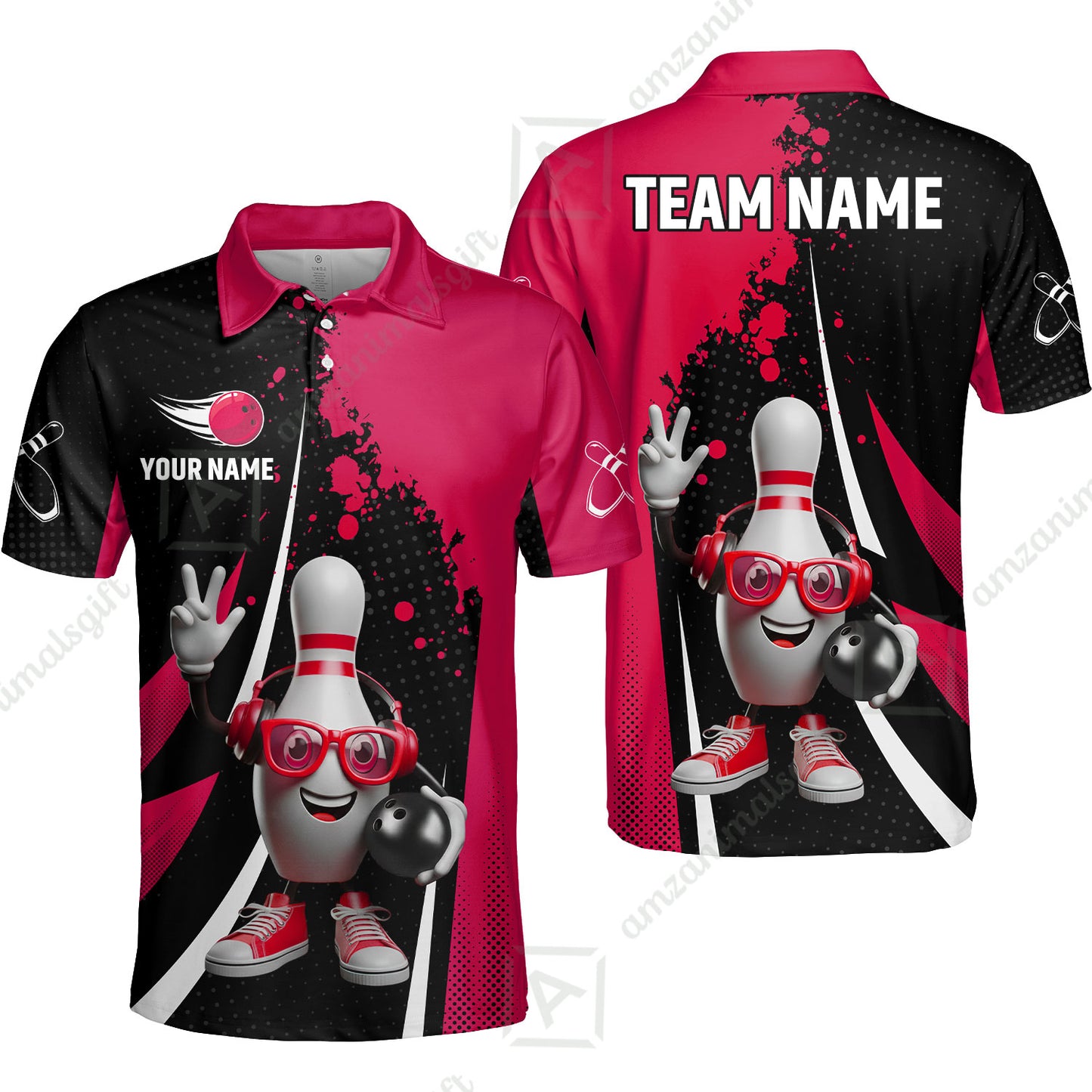Customized Bowling Unisex Polo Shirt, Halftone Bowling Pin Wearing Headphones Sunglasses, Personalized Name And Team Name