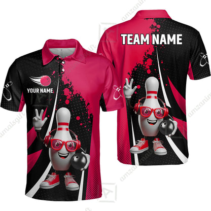 Customized Bowling Unisex Polo Shirt, Halftone Bowling Pin Wearing Headphones Sunglasses, Personalized Name And Team Name