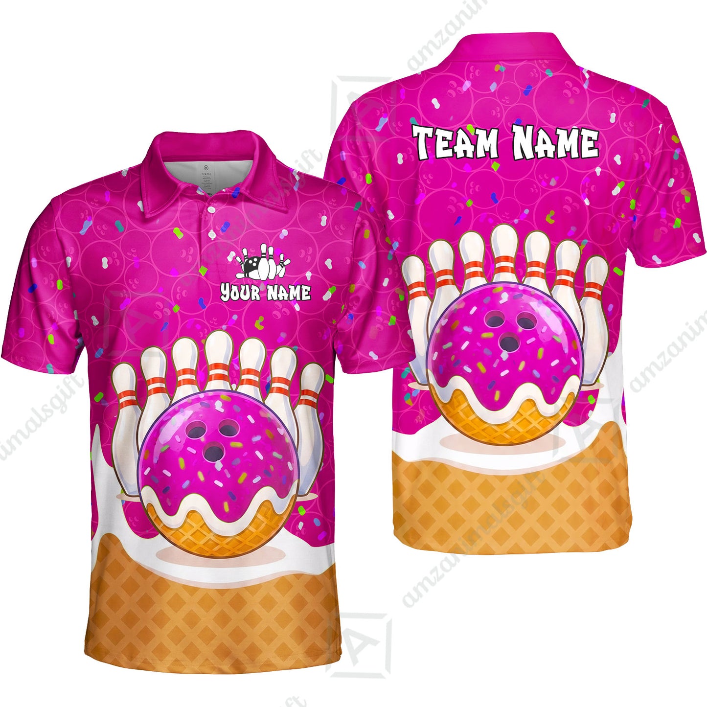 Custom Bowling Jersey Polo Shirt, Bowling Sprinkles Ice Cream Cone, Personalized Name & Team Name