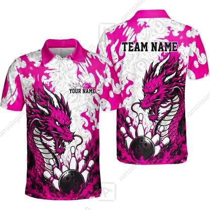 Custom Bowling Jersey Polo Shirt, Fierce Crimson Fire Dragon Strike, Custom Bowling Jersey Team Shirt For Players With Name and Team Name