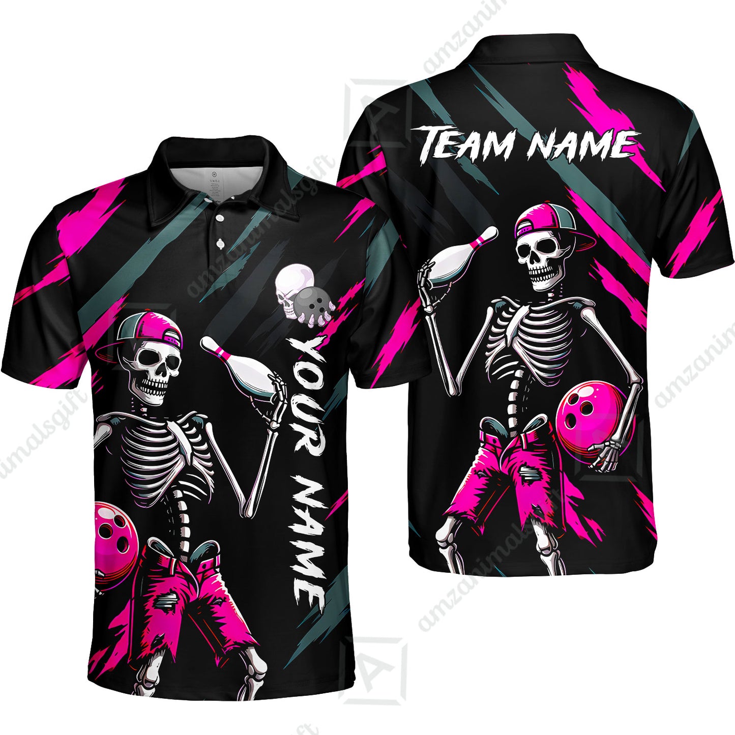 Customized Bowling Shirt, Bad Boy Skeleton Bowler, Personalized Polo Shirt For Players With Name & Team Name