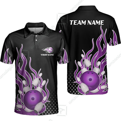 Customized Bowling Team Purple Flame Bowling Polo Shirts, Bowling uniforms Bowling Flame Unisex Polo Shirts