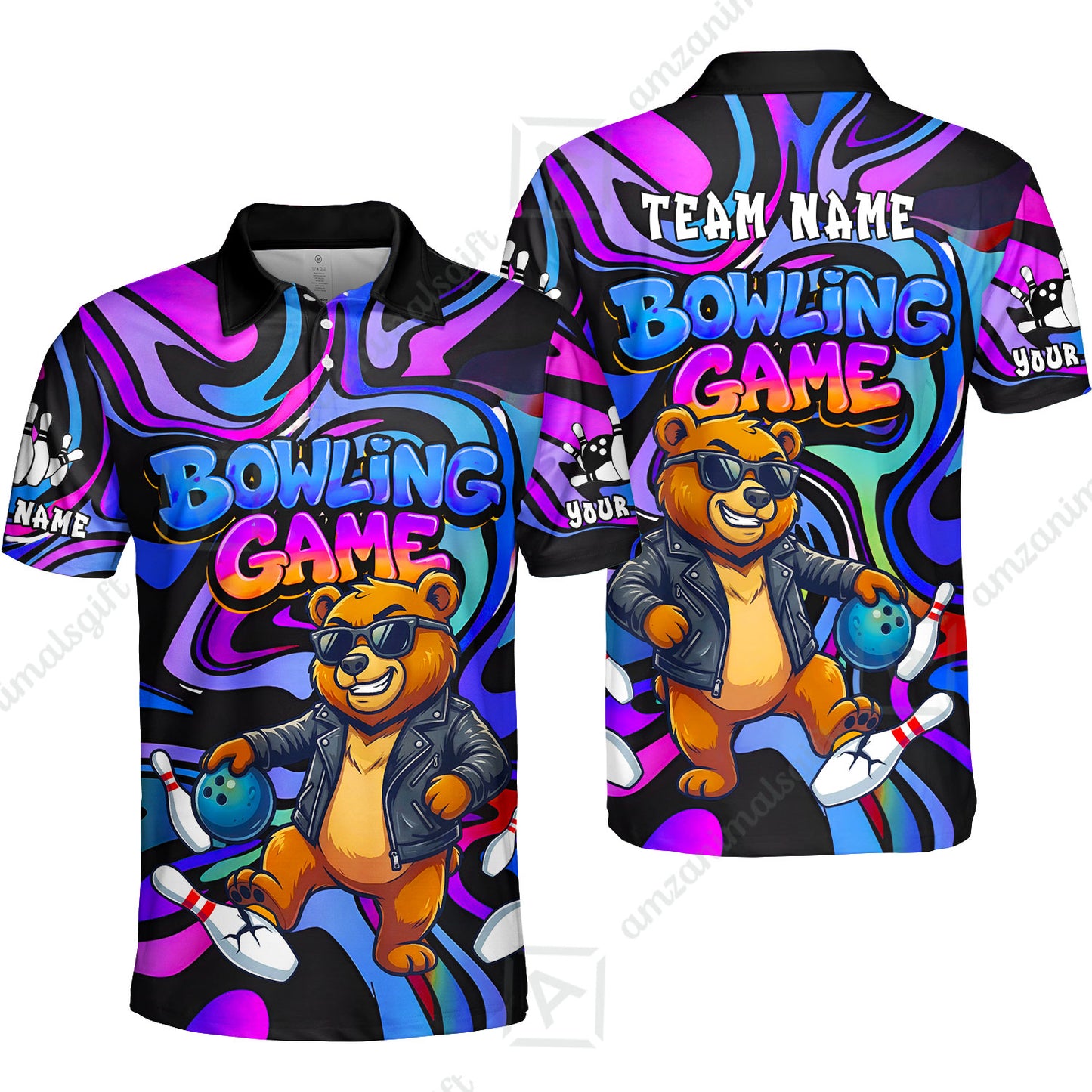 Custom Bowling Jersey Polo Shirt, Trippy Swirl Rocker Bear Graffiti Style, Custom Bowling Jersey Team Shirt For Players With Name & Team Name